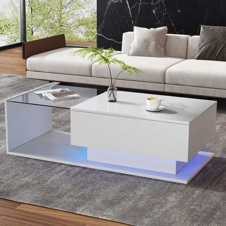 Couchtisch, App-gesteuertes LED-Licht, Glasplatte & Schublade, 100x50x32 cm, Weiß