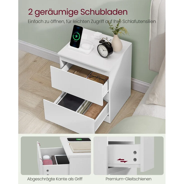 VASAGLE Nachttisch mit Steckdosenleiste und Schubladen, 2er Set, MDF Wolkenweiß, 35 x 40 x 49 cm – Bild 3