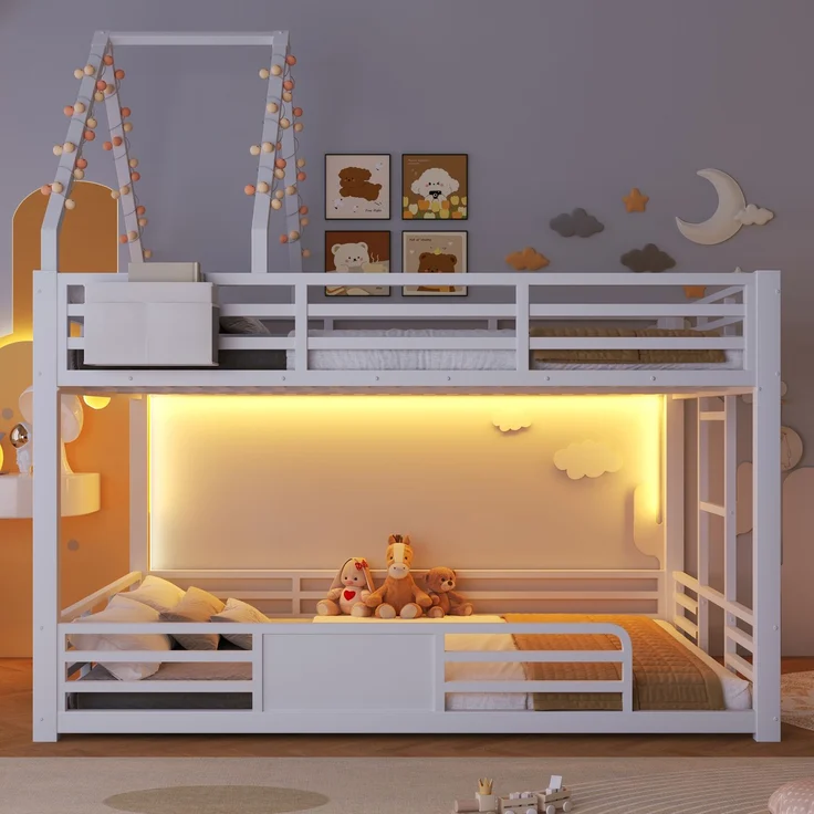EINHOM 140x200 cm Etagenbett aus Metall mit LED-Beleuchtung, Hausbett-Design, DIY-Dachrahmen, Stofftaschen-Aufbewahrung & Sicherheitsgeländer, Weiß (Ohne Matratze) – Bild 4