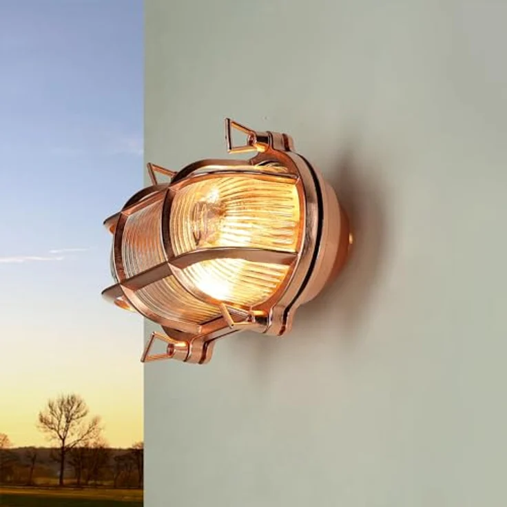 Licht-Erlebnisse SKIATHOS Außenwandlampe, Messing Kupfer mit geriffeltem Glas, IP64, nostalgisch maritim, Höhe 13 cm, E27 – Bild 1