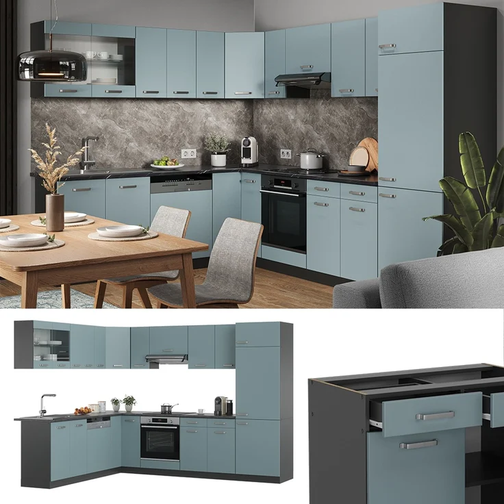 Eckküche R-Line Blau-Grau/Anthrazit 287 x 227 cm ohne Arbeitsplatte Vicco – Bild 2