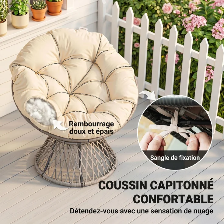 Runder Gartensessel, drehbarer Papasan-Sessel, Ø 97 x 90H cm, großes Kissen im Lieferumfang enthalten, Polyester-Geflecht – Bild 8