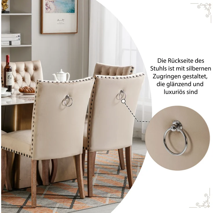 2er Set Esszimmerstuhl Samt gepolstert Massivholz mit Kupfernägeln, modernes Design, komfortabler Sessel,Helles Kamel – Bild 7