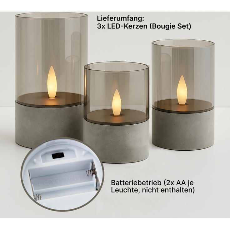 Brilliant Bougie LED-Kerzen 3er-Set - Grau/Rauchglast, warmweiß flackernd, 10 cm,12,5 cm,15 cm, batteriebetrieben, Dekoration für drinnen & draußen – Bild 9