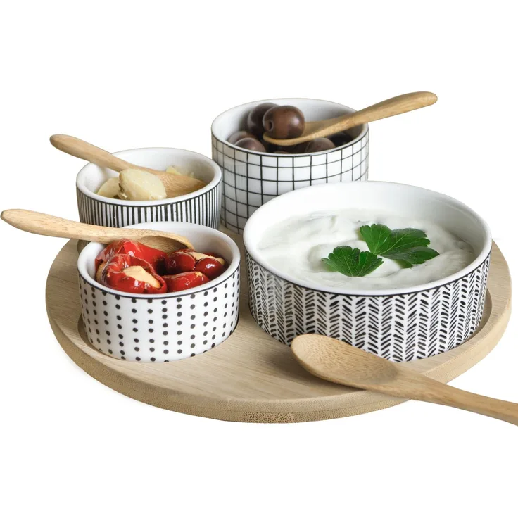 Moritz & Moritz Servierset Parsley - Bambus Brettchen rund mit 4 gemusterten Schalen rund