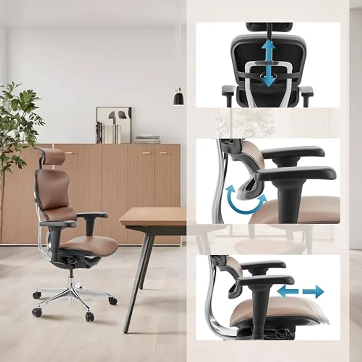 hjh OFFICE Bürostuhl ergonomisch ERGOHUMAN Ultra L GEN2 Originales Design, Bürosessel mit Flexibler Lendenwirbelstütze, Leder, Braun – Bild 7