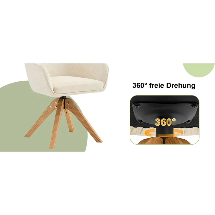 360° drehbarer Esszimmerstuhl mit Massivholzbeinen im 2er-Set, Bezogen mit beigem Stoffpolster, Schaumstoffsitz, ergonomisch geformte Rückenlehne, moderner, leicht luxuriöser Esszimmerstuhl.--Weiß, Holz--58x46x82cm--YOUDENOVA – Bild 10