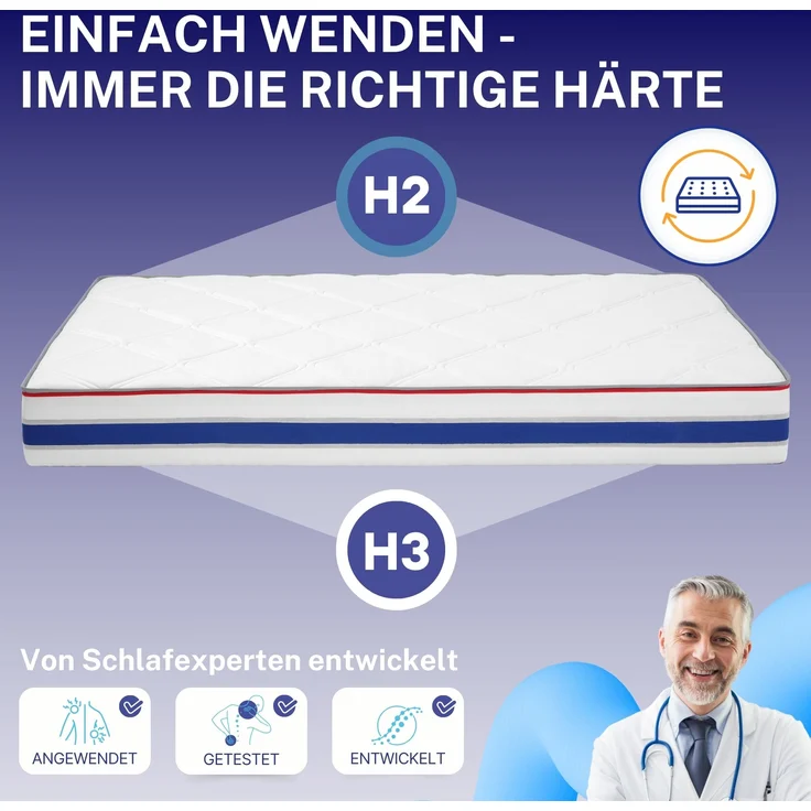 RELAXX Gel Matratze 90x200 cm mit 3D Memory Foam - 7 Zonen; 25cm Höhe; H2/H3 - Wendbare Kaltschaummatratze mit optimaler Druckentlastung – Bild 3