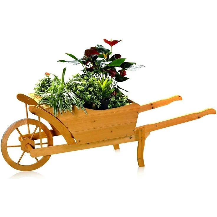 Garten Pflanzschubkarre Schubkarre aus Holz Blumenkarre Blumenkübel gelbbraun – Bild 7