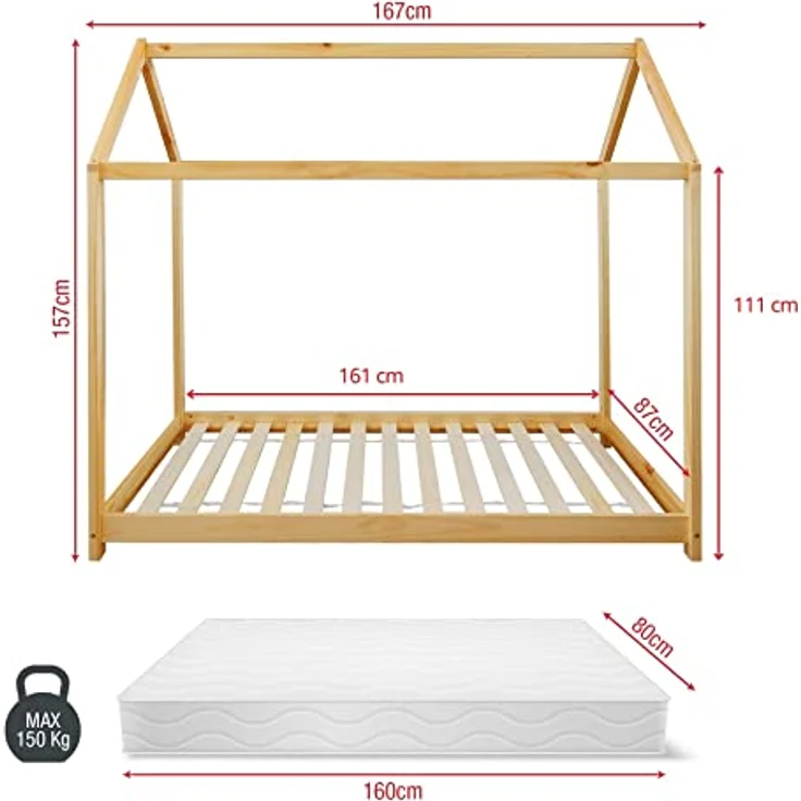 Rebecca Mobili Montessori Bett, Kinderbett, Hüttenform, Kiefer Natur, skandinavischer Stil, Lattenrost 80x160 cm - Art. RE6762 – Bild 4
