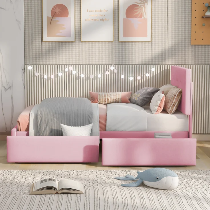 Polsterbett, 90 x 200 cm Bett mit Lattenrost, Rückenlehne und zwei Schubladen, hautfreundlicher Samtstoff, Beige flaches Einzelbett Kinderbett Jugendbett Gästebett, Samtstoff, Beige/Rosa, 90 x 200 cm – Bild 2