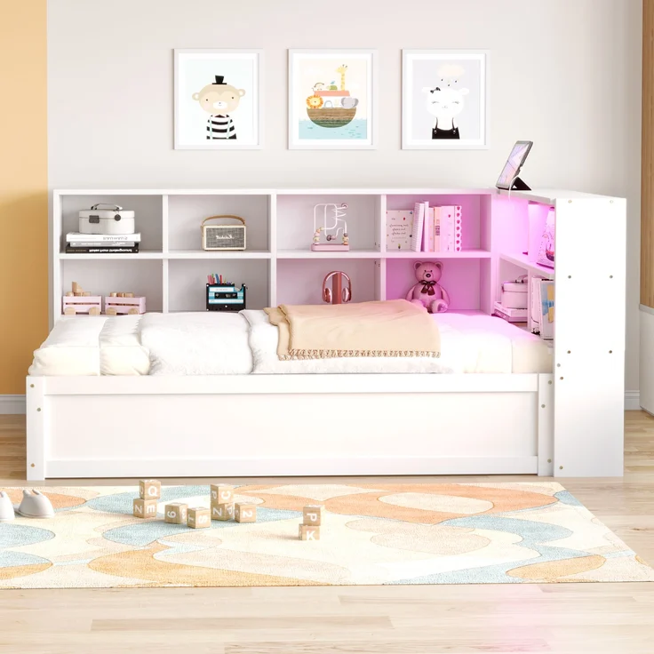 Bett 90x200 cm mit Stauraum und LED-Lichtleiste – multifunktionales Schlafsofa aus Kiefernholz in Weiß – Bild 1