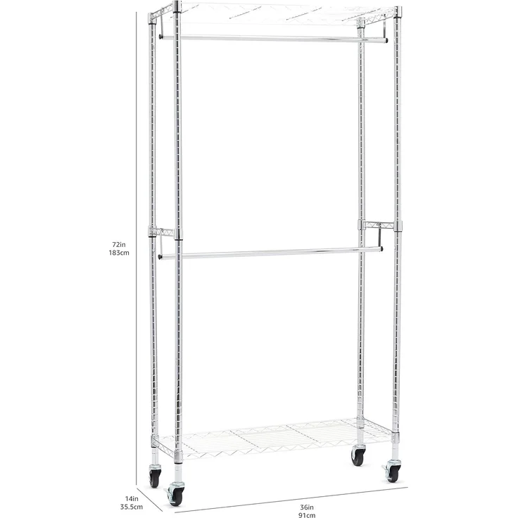 Amazon Basics Doppel-Kleiderstange Offen mit Rädern und Höhenverstellbaren Regalen - Maximalgewicht 181 kg, Chromfarben, 91 cm L x 35,5 cm W x 183 cm H – Bild 5