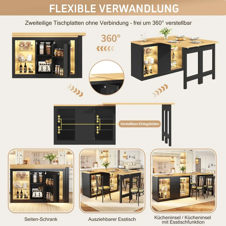 Merax Ausziehbarer Kücheninsel-Esstisch mit App-steuerbarer RGB-LED, 120-197cm, 360° drehbar, mit magnetischen Türen & Glas-Einlegeböden, Schwarz, belastbar bis 60kg – Bild 6