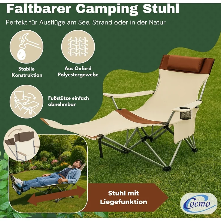 Coemo 2er Set Tragbarer Liegestuhl, Campingliege mit Getränkehalter Beige – Bild 2