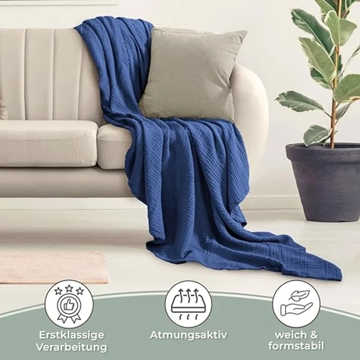 LAYNENBURG Premium Musselin Tagesdecke 180x220 cm - 100% Baumwolle - extraweiche Baumwolldecke als Kuscheldecke, Bett-Überwurf, Sofa-Überwurf, Couch-Überwurf - warme Sofa-Decke (Blau) – Bild 5