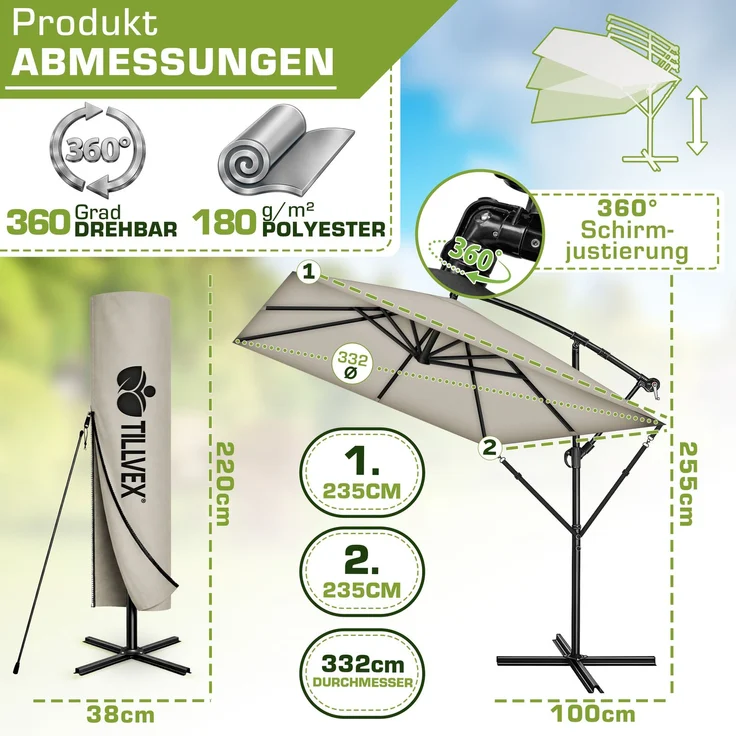 tillvex® Alu Sonnenschirm Rechteckig Ø 330 cm Taupe + Abdeckung mit Kurbel | Ampelschirm Eckig mit Ständer & Windschutz | Gartenschirm UV-Schutz Aluminium | Kurbelschirm Marktschirm wasserdicht 360° drehbar – Bild 2