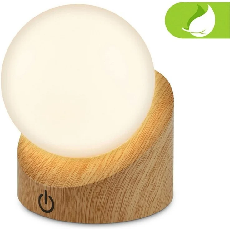 BRILONER - Mini LED Tischlampe kabellos IP54 mit Touch, dimmbar in Stufen, Akku & Lichtquelle tauschbar, Nachttischlampe, Kugel, LED Lampe, Akku Tischleuchte, Outdoor Lampe, 10 x 8 x 9 cm, Holzoptik – Bild 2
