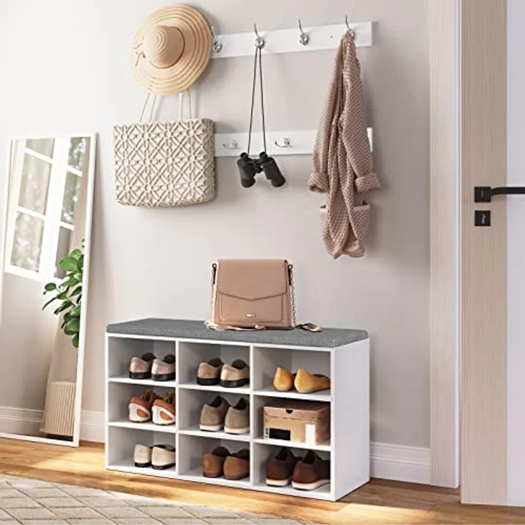 HOOBRO Garderobe Schuhregal Set, Schuhbank mit 9 F Cher, Schuhregal mit gepolsterter Sitzbank, Wandgarderobe mit 9 Haken, Schuhschrank f r Flur, Eingangsbereich, Schlafzimmer wei EWT89HX01 – Bild 3