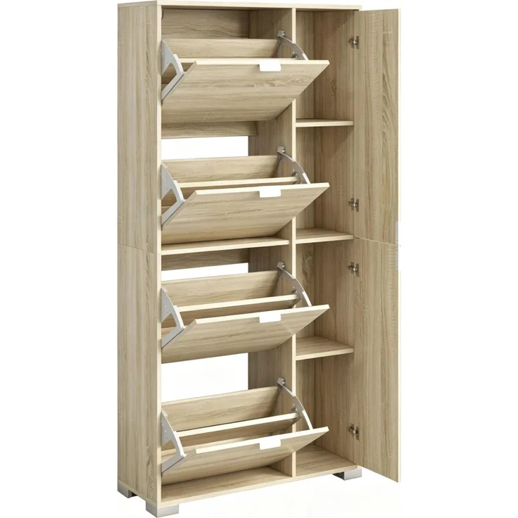 Schuhschrank mit 4 Klapptüren, 2 Schränken und Spiegelfronten für 16 Paar Schuhe, Eingangsmöbel--Eiche--82x30x168cm--YOUDENOVA – Bild 7