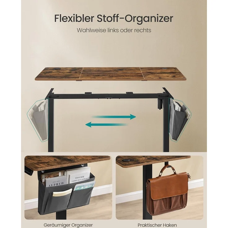 Songmics Höhenverstellbarer Schreibtisch elektrisch, 60x140 x (72-120) cm, Verstellbarer Tisch, Memory-Funktion für 4 Höhen, für Homeoffice, Arbeitszimmer, vintagebraun-tintenschwarz LSD134K01 – Bild 5
