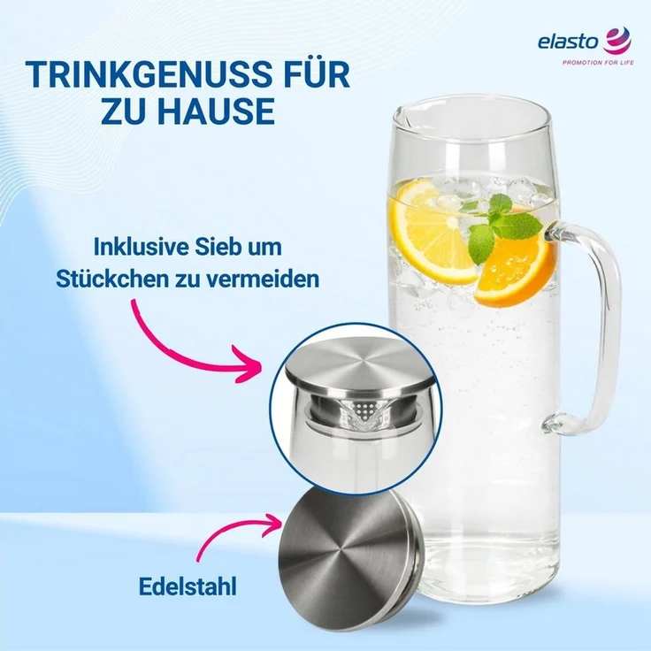 elasto Wasserkaraffe Glaskaraffe mit Deckel und Sieb 1,5 Liter aus Borosilikatglas – Bild 4