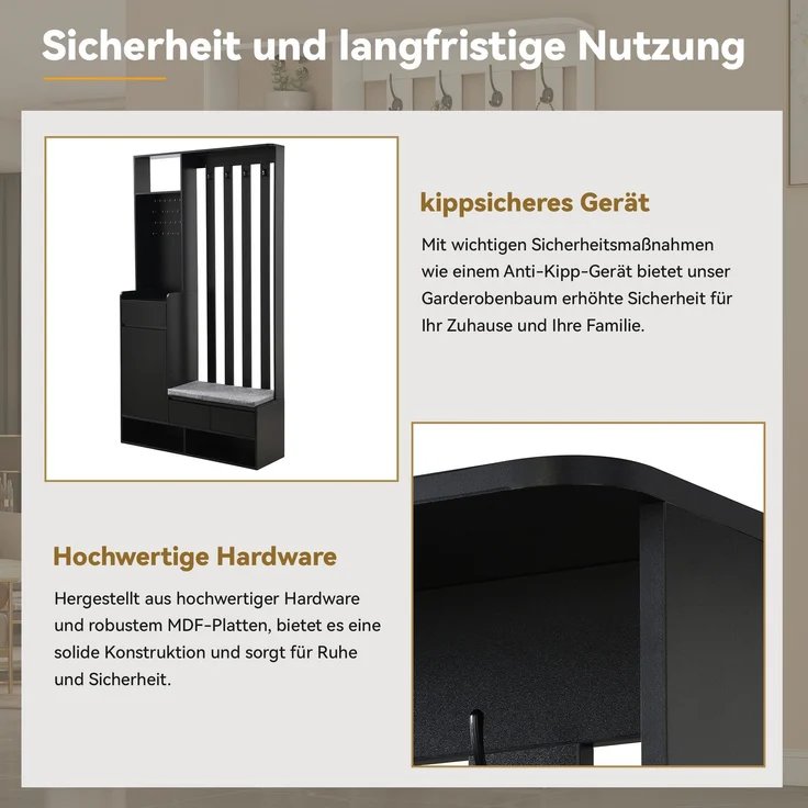 Merax 180cm Flurgarderobe, mit gepolsterter Aufbewahrungsbank, multifunktionaler Flur-Schuhschrank mit Stecktafel, moderne Garderobe mit 4 Haken, Schwarz – Bild 6