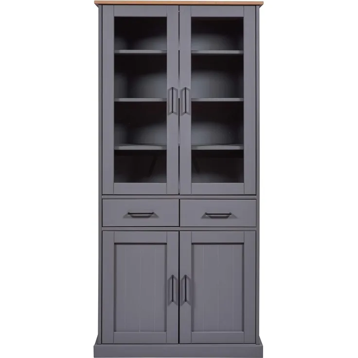Inter Link – Vitrinenschrank – Buffet-Schrank - Geschirrschrank - Esszimmerschrank - Massivholz FSC – 4 Türen – 2 Schubladen – 3 Fachböden - Zandiara 4T2S – grau/Oak colori