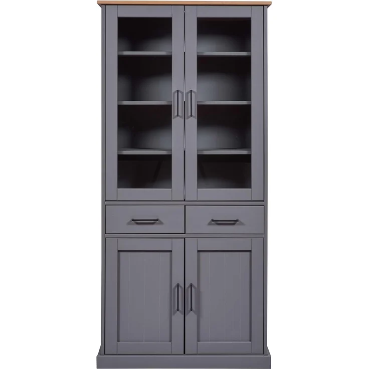 Inter Link – Vitrinenschrank – Buffet-Schrank - Geschirrschrank - Esszimmerschrank - Massivholz FSC – 4 Türen – 2 Schubladen – 3 Fachböden - Zandiara 4T2S – grau/Oak colori