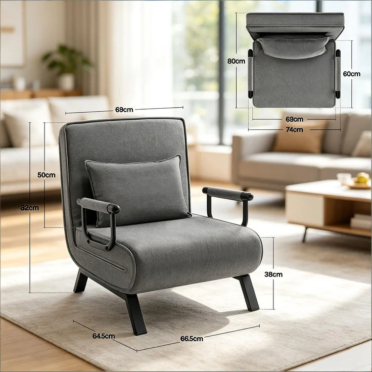 Sessel 80x74x82 cm, 1 Stück, 3-in-1 Cabriolet-Schlafstuhl, dunkelgrau – Bild 5