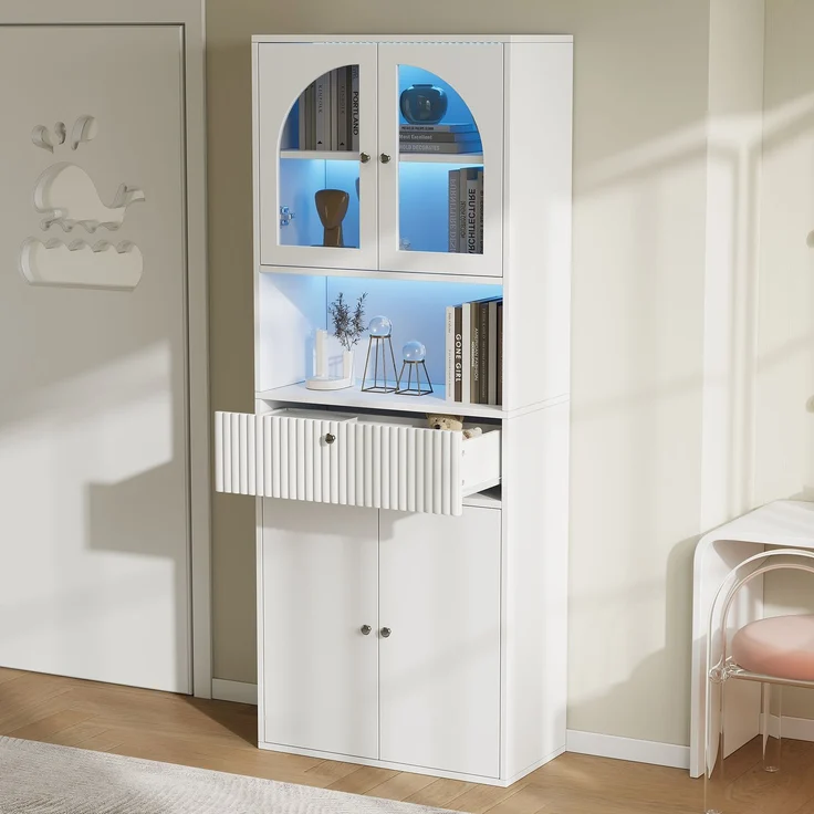 ZUBALIYA LED Glasvitrine, Bücherschrank, Büroschrank mit RGB LED Lichtleisten, Figurenvitrine, Stauraumschrank, Büromöbel, mit Schubladen, Sammlervitrine, Hochschrank, LED Beleuchtung, Weiß, 70 x 35 x 180 cm – Bild 15