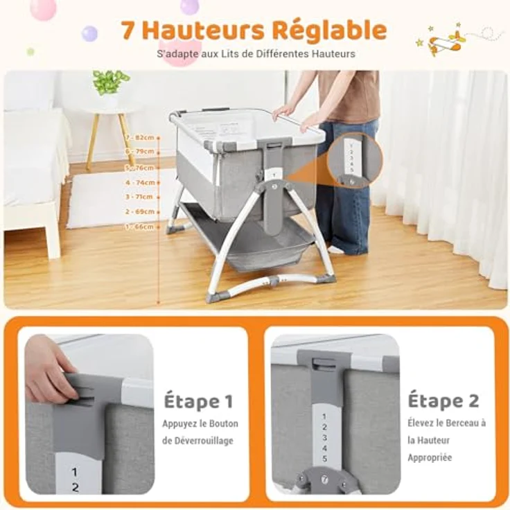 GarveeHome 3 in 1 Baby Beistellbett, Klappbares Beistellbett, Babywiege Mit Matratze Und Moskitonetz, Höhenverstellbar, Mit Reisetasche, Für Babys Von 0 Bis 36 Monaten, Hellgrau – Bild 4