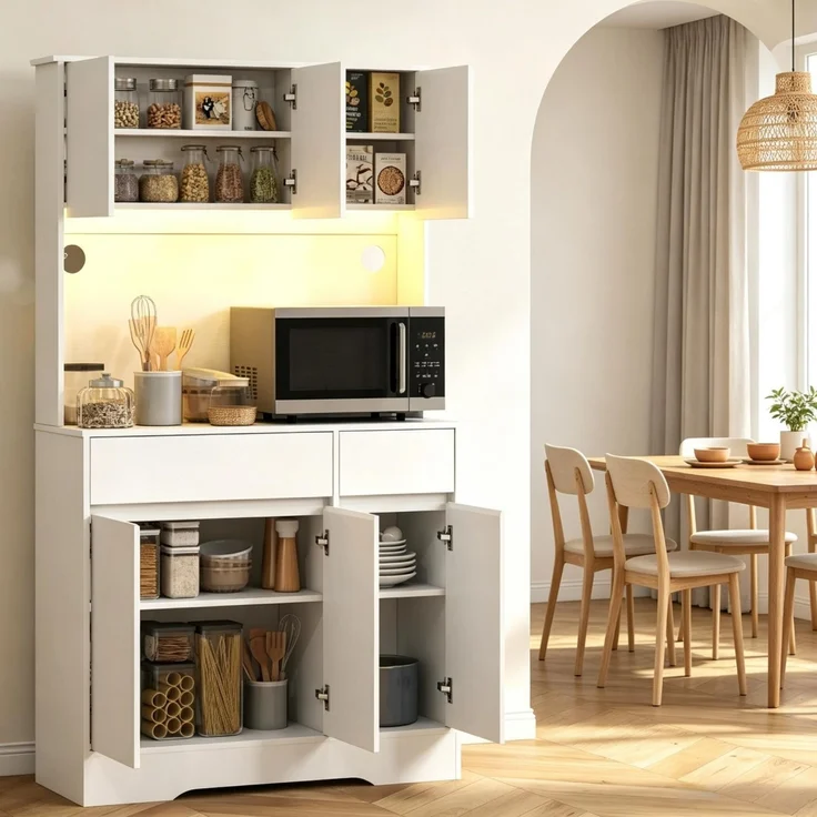 Küchenbuffet mit Arbeitsfläche, RGB-LED und 6 Türen, 100x38x180 cm, Weiß – Bild 3