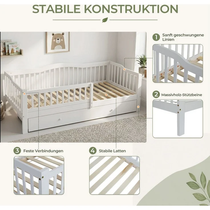 LEADZM Kinderbett mit Schubladen 70x140 / 80x160 / 90x200cm, Hausbett mit Lattenrost, Bodenbett mit Stauraum und Abnehmbarer Barriere, Weiß – Bild 4