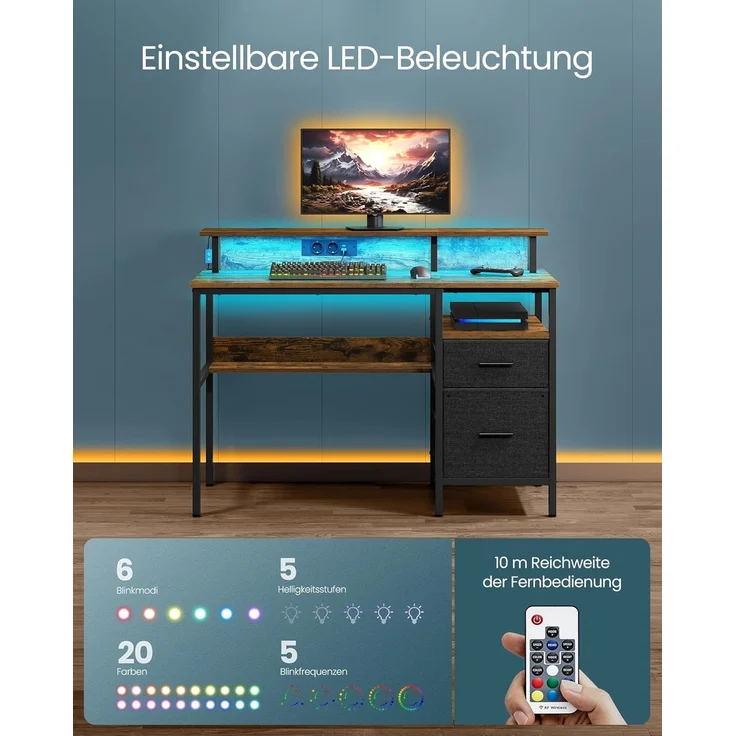 VASAGLE Schreibtisch mit Stoff-Schubladen, Computertisch mit Monitorständer, LED-Beleuchtung, 55 x 120 x 90 cm, eingebaute Steckdosen, 2 USB-A-Anschlüsse, für Homeoffice, vintagebraun LWD093K01 – Bild 4