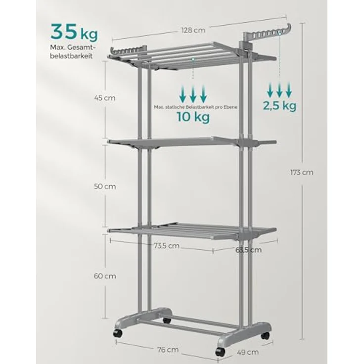 SONGMICS Wäscheständer, Standtrockner 4 Ebenen, Flügelwäscheständer, klappbare Flügel, mit Rollen, 63,5 x 128 x 173 cm, groß, einfacher Aufbau, Taubengrau LLR701G01 – Bild 5