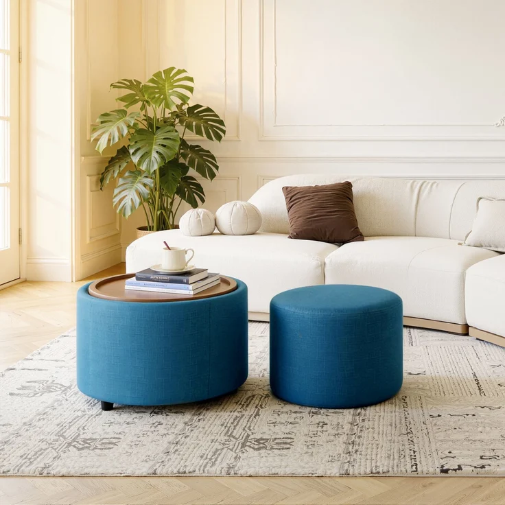 Ball & Cast 2er-Set Nesting-Hocker mit Stauraum, Fußhocker mit Leinenbezug und Holzablage, 58 cm runder Couchtisch & Bank, Blau--Blau--59.6x59.6x38cm--YOUDENOVA – Bild 7