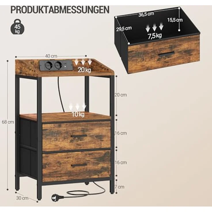 Nachttisch mit LED-Leuchten und ladefunktion, Beistelltisch mit 2 Stoff-Schubladen mit USB-Anschlüssen & Steckdosen, für Schlafzimmer, Wohnzimmer, Vintage Braun-Schwarz – Bild 3
