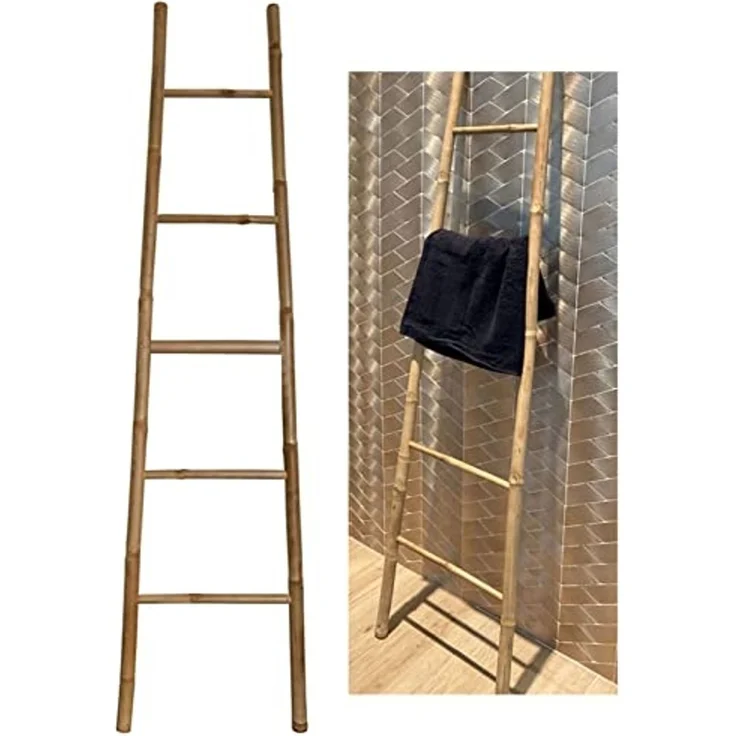 MSV Handtuchleiter BAMBOU, Dekorative Bambusleiter, Handtuchhalter, Kleiderständer, ohne Bohren, 5 Sprossen, 100% echter Bambus, Made in Vietnam, Höhe 150 cm, natur – Bild 1