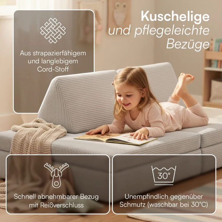 Bellabino 'Nile' Spielsofa, 4-tlg, Cord, grau, faltbare Kindercouch, abnehmbarer & waschbarer Bezug, Kindersofa aus Schaumstoff, Oeko-Tex zertifiziert – Bild 5