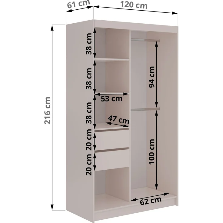 Schiebetürenschrank GRECJA 120 cm breite mit Spiegelfront und Dekor-Applikationen in Kaschmir, inkl. Kleiderstange & Einlegeböden mit Schubladen - Kaschmir – Bild 5