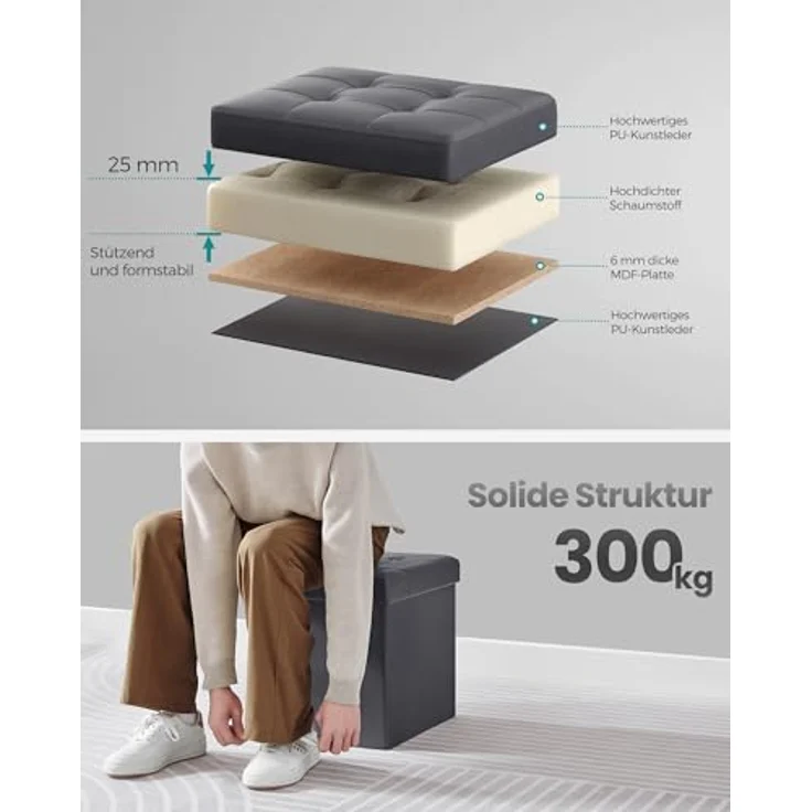 SONGMICS Sitzhocker 38 cm, Aufbewahrungsbox faltbar, Fußhocker mit Deckel, aus Kunstleder, bis 300 kg belastbar, für Eingang, Wohnzimmer, Schlafzimmer, schiefergrau LSF030G11 – Bild 5