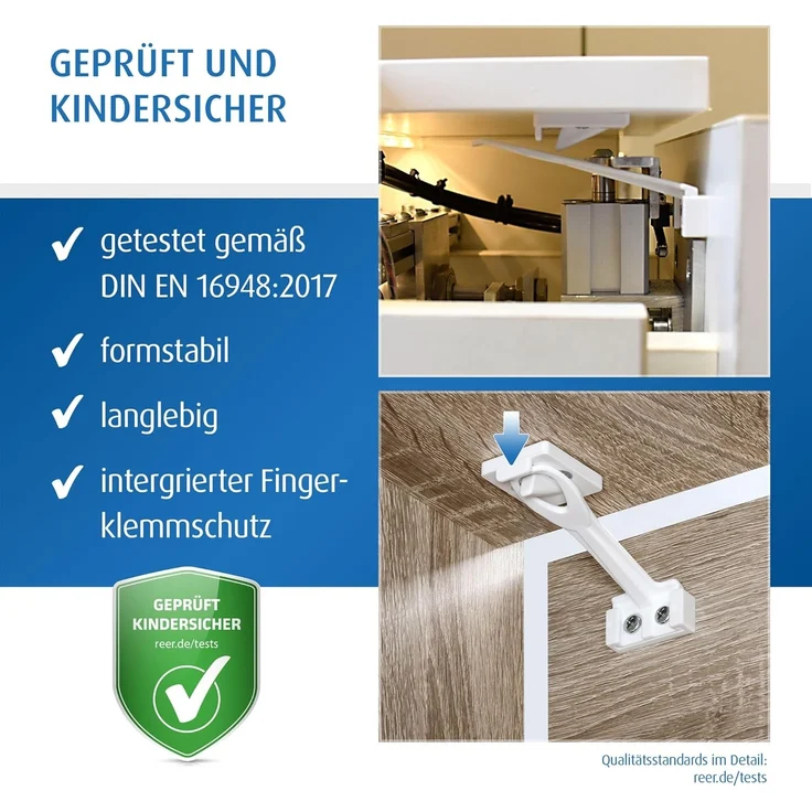 reer Schrank- und Schubladensicherung mit Montagehilfe | Einfache Einhand-Bedienung | Schraubmontage | integrierter Klemmschutz | 3 Stück | Farbe: weiß – Bild 7