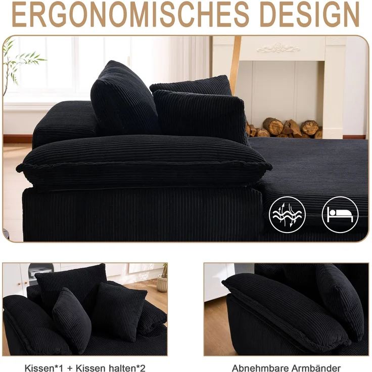 Großes Cord Sofa Cloud Form, rahmenloses Loungesofa,High-Density Schaum, kein Aufbau, 177x122 cm,ergonomisch,weich,Schwarz – Bild 7