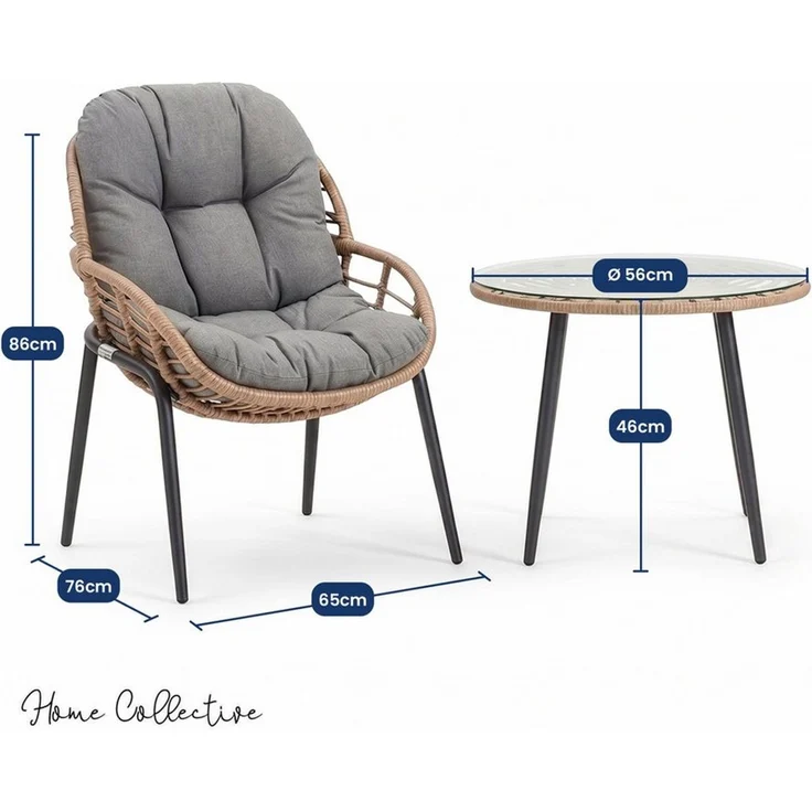 Home Collective Gartenlounge-Set Balkonmöbel Lounge Möbel Outdoor Sitzgruppe mit Beistelltisch, (3-teiliges Set mit 2 Stühlen und 1 Beistelltisch Ø 56 cm, inkl. abziehbarer Kissen) – Bild 2