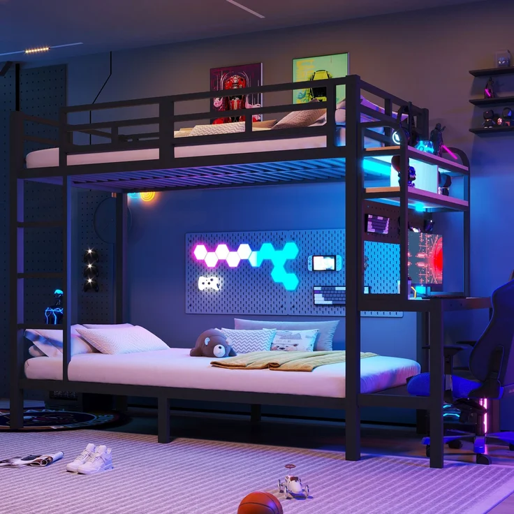 Etagenbett, 90x200 cm, Eisenrahmen, Ablagefach, Schreibtisch, mit LED-Lichtleiste, USB-Anschluss, Sicherheitsgeländer, Leiter, ohne Matratze, schwarz – Bild 3