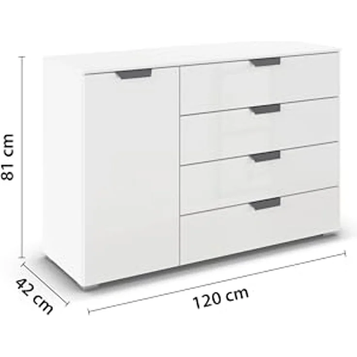 rauch Aditio Box, Kommode, 1-türig, 4 Schubladen, mit Glasfront, mit Softclose-Funktion, Farbe Weiß, BxHxT 120x81x42cm – Bild 2