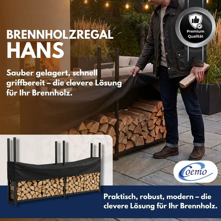 Coemo Brennholz Regal Hans Kaminholzregal mit Abdeckplane Metall 2 Segmente 25 x 223 x 115 cm – Bild 2