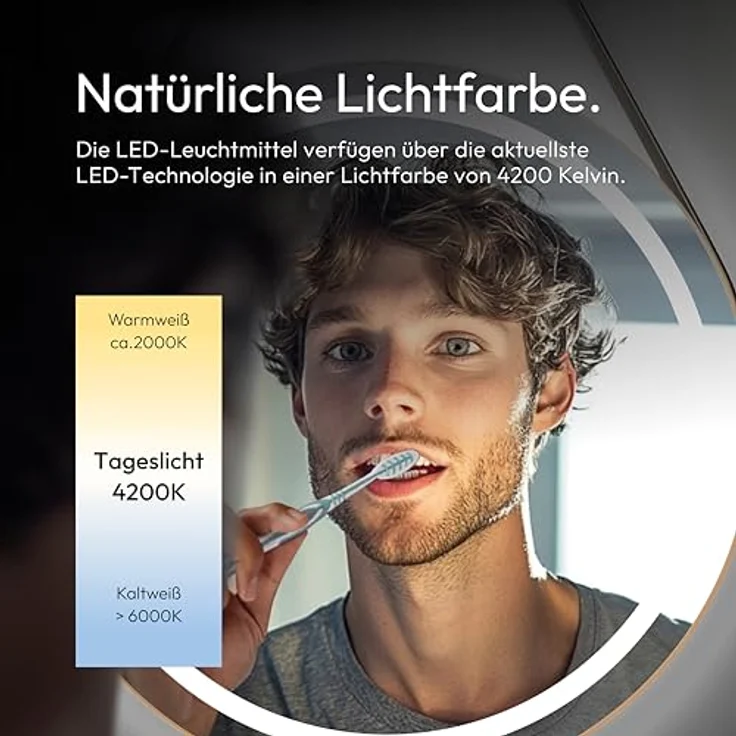 Talos LED Badspiegel CORVIA Shine, runder Spiegel Ø50 cm in matt Gold, feuchtraumgeeignet mit Aluminiumrahmen und hochwertigem Band in Lederoptik – Bild 4