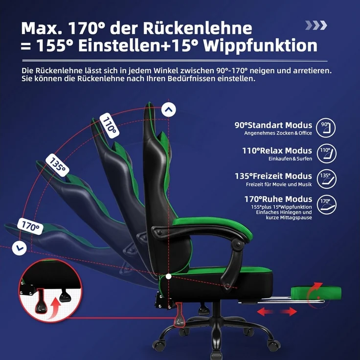 Hiazurm Gaming-Stuhl Gaming Stuhl, Bürostuhl Ergonomisch Wippfunktion bis zu 170° (Verstellbarem Lenden- & Kopfkissen, Gamer Stuhl 150kg Belastbarkeit), Verstellbarem Lenden- & Kopfkissen, Gamer Stuhl 150kg Belastbarkeit – Bild 2